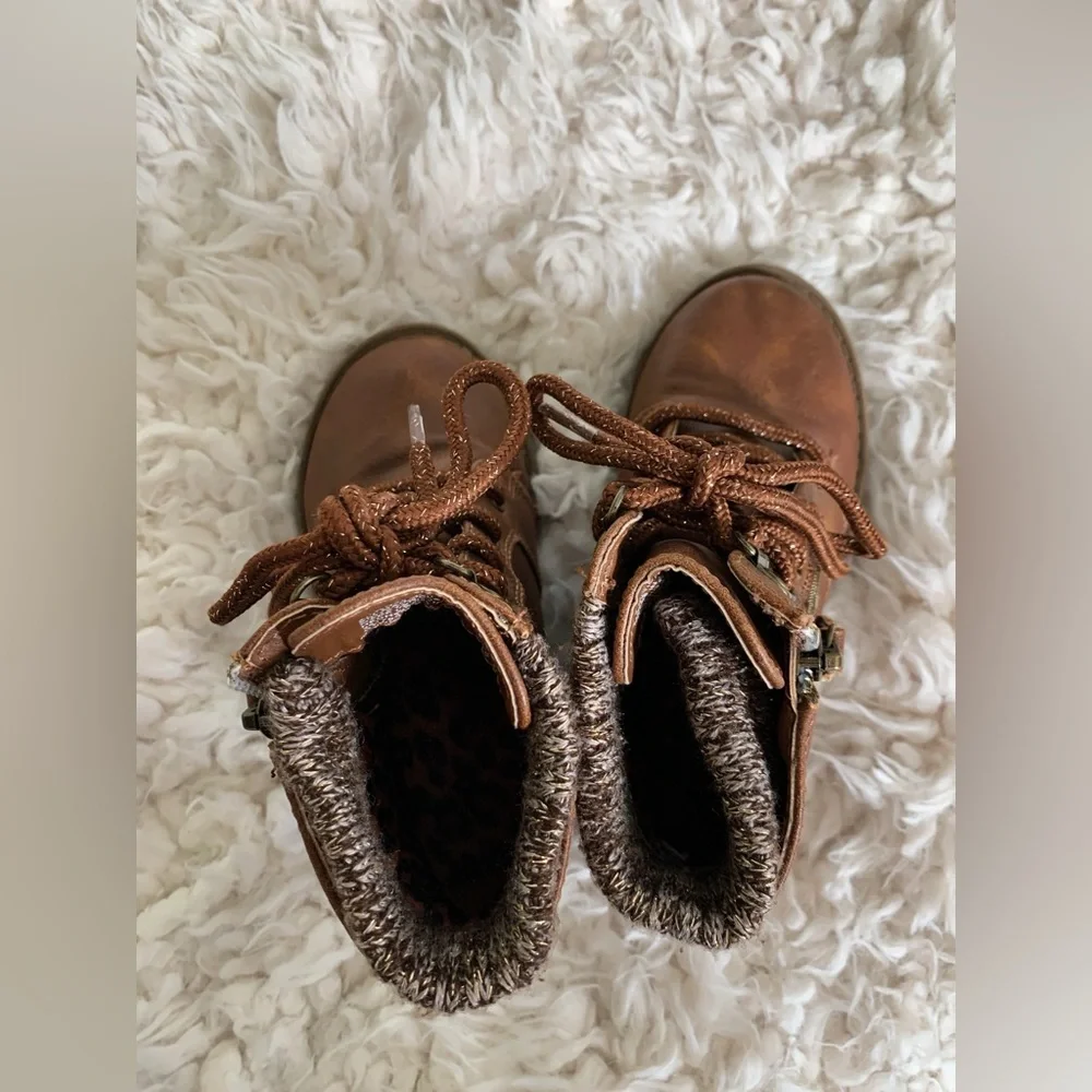 Wonder Nation Warm Brown Hiking Fall Boots Zip & Tie Toddler SZ 8